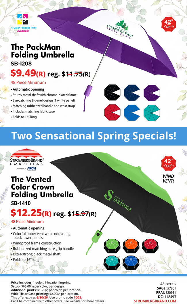 Second quarter specials on folding umbrellas!