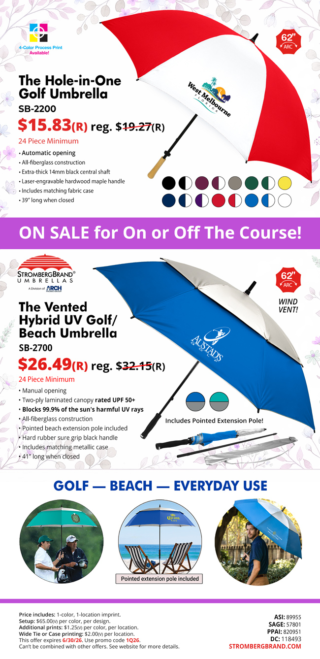 Second quarter specials on golf umbrellas!