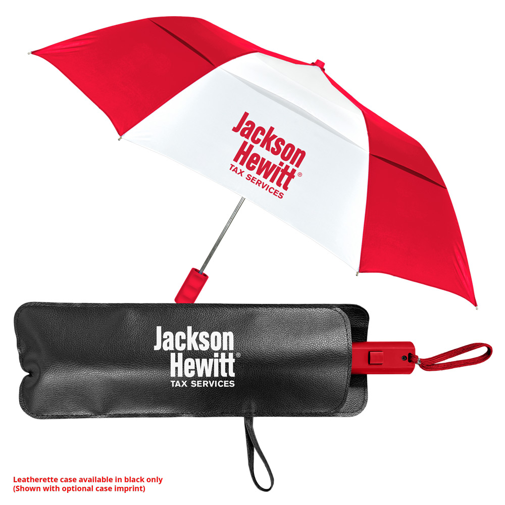The Vented Windproof Folding Umbrella w/Deluxe Leatherette Case