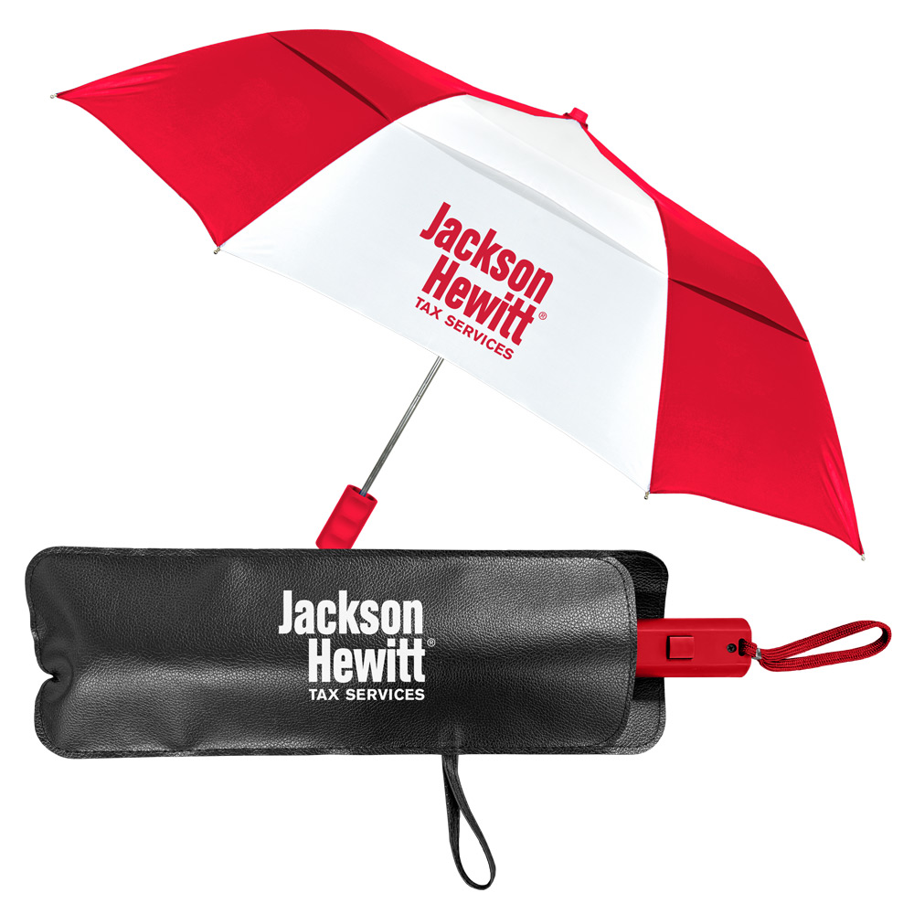 The Vented Windproof Folding Umbrella w/Deluxe Leatherette Case